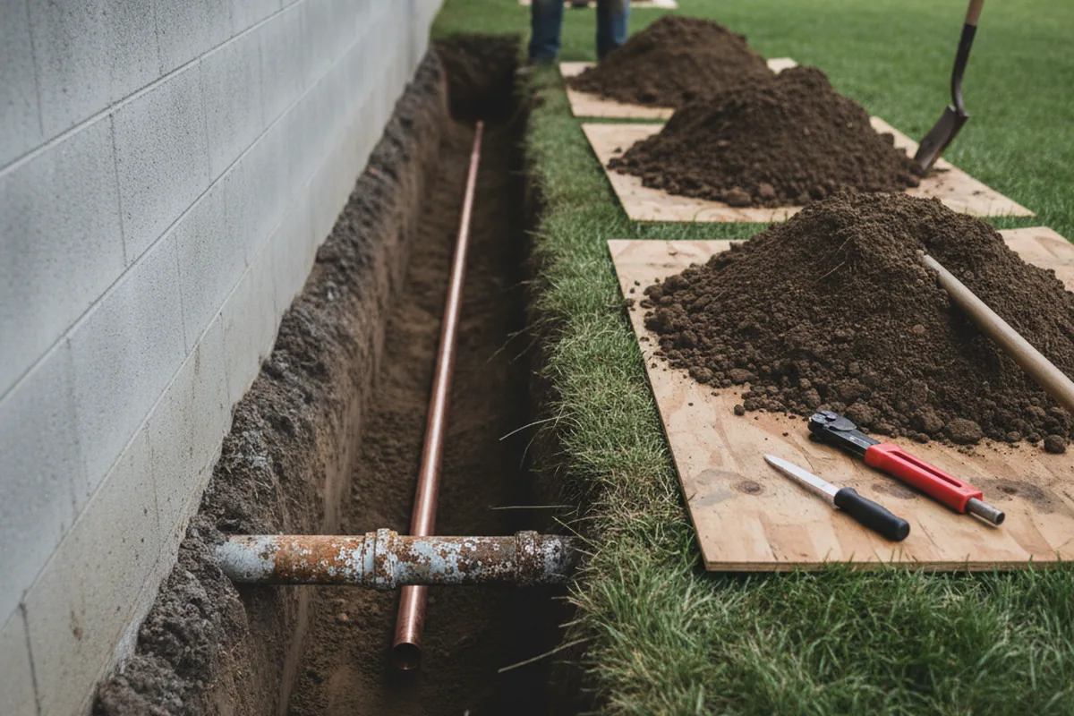 Excavated water line trench during Water Softener Installation in Oakmont